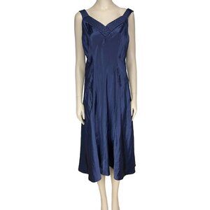 VINTAGE Satin Open Back Long Maxi Slip Dress Midnight Blue V-neck sz M